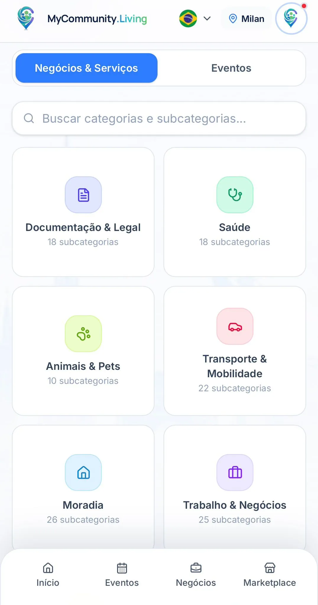 Cuadrícula para explorar eventos, servicios y marketplace lado a lado